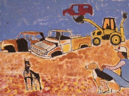 Kelvin Kemarre Ladd - Backhoes Taking the Cars to the Dump - Painting - Kelvin Kemarre Ladd