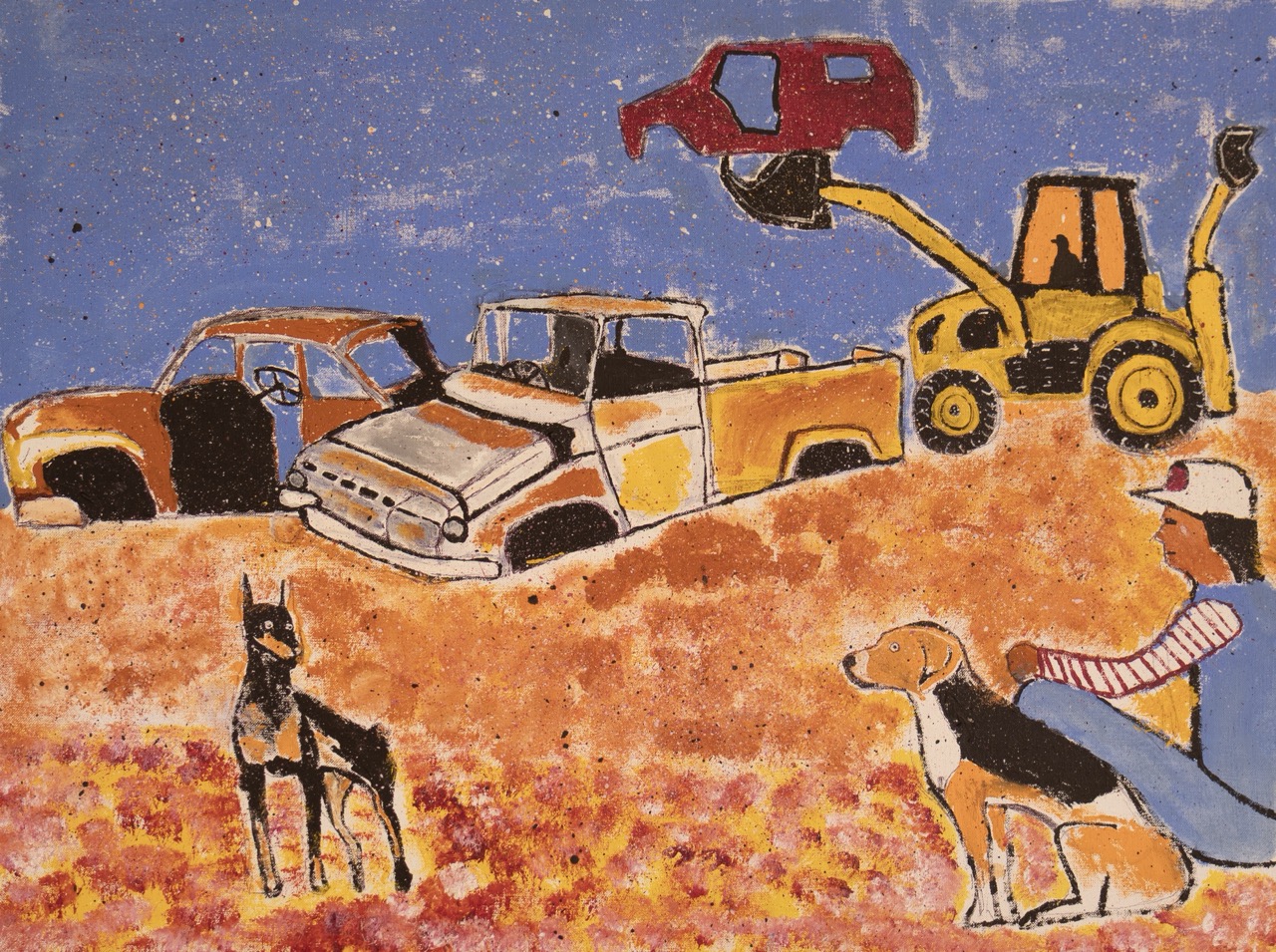 Kelvin Kemarre Ladd - Backhoes Taking the Cars to the Dump - Painting - Kelvin Kemarre Ladd